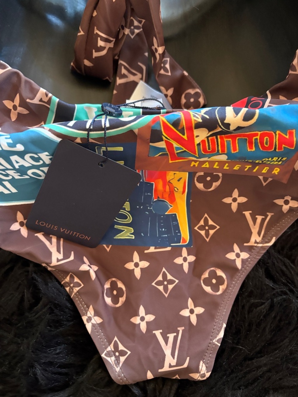 Louis Vuitton Brown Monogram One-Piece Swimsuit with Multicolor Travel Patches - Picture 6 of 11